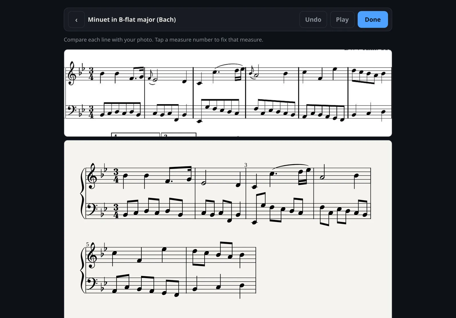 A photo of a Bach minuet above the music NoteComet read from it, ready to check and fix