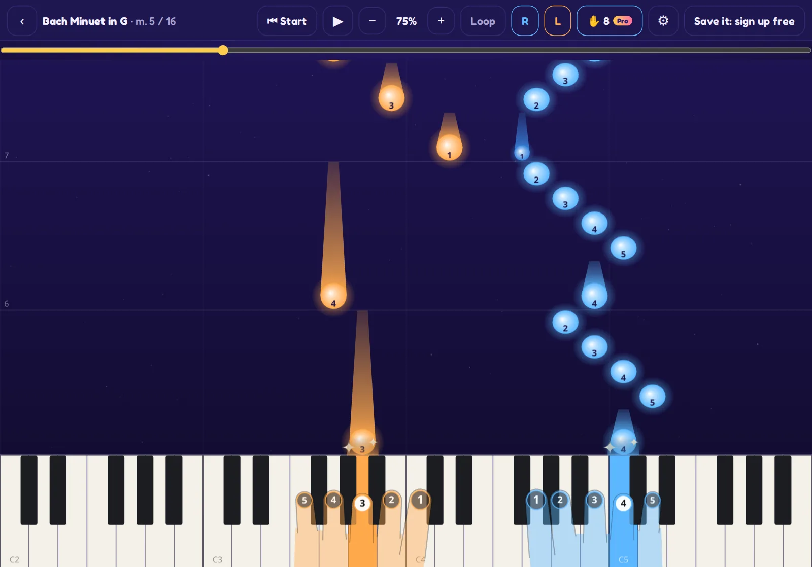 The hand guide: see-through hands on the keyboard with numbered fingertips, and finger numbers on the falling notes