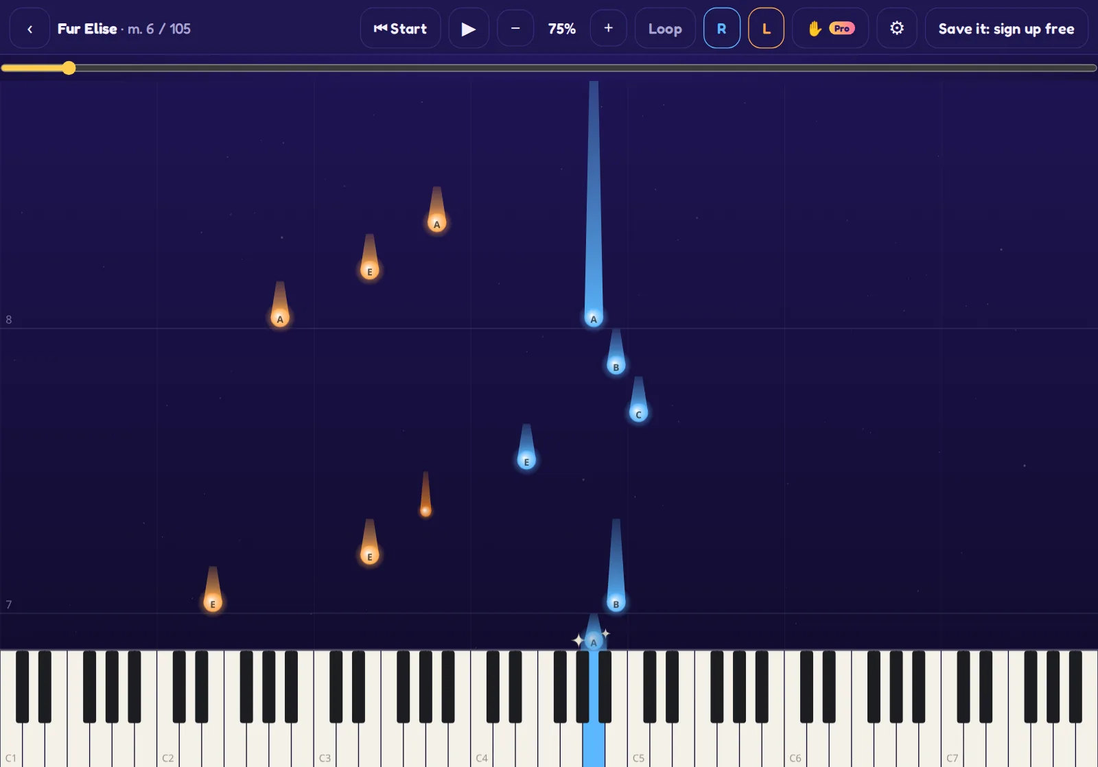 NoteComet playing Für Elise: notes falling onto a piano keyboard, with note names