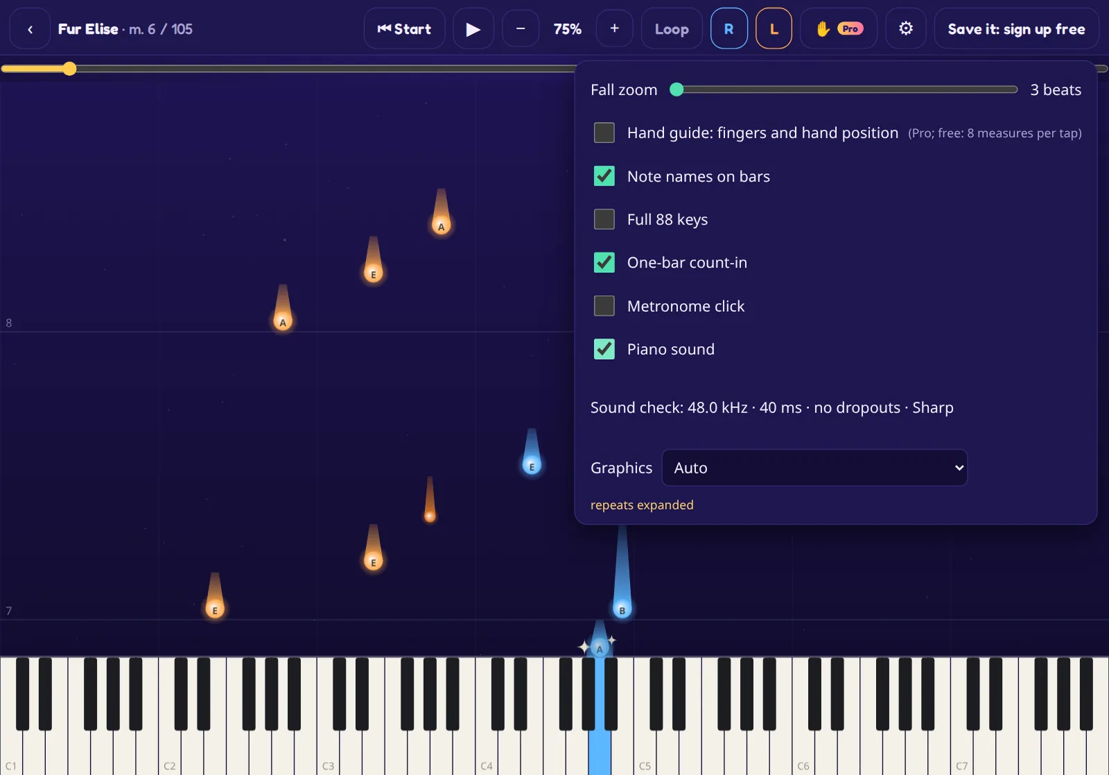 The player settings: note names, count-in, metronome and piano sound